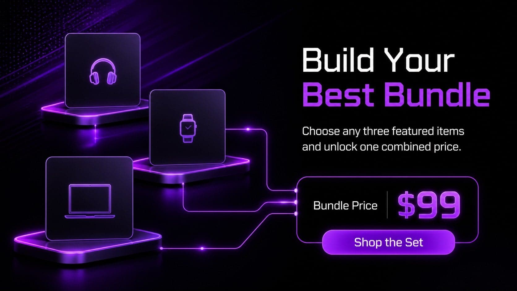 Ecommerce bundle offer slide showing a featured product set, combined price, and neon purple call-to-action panel.