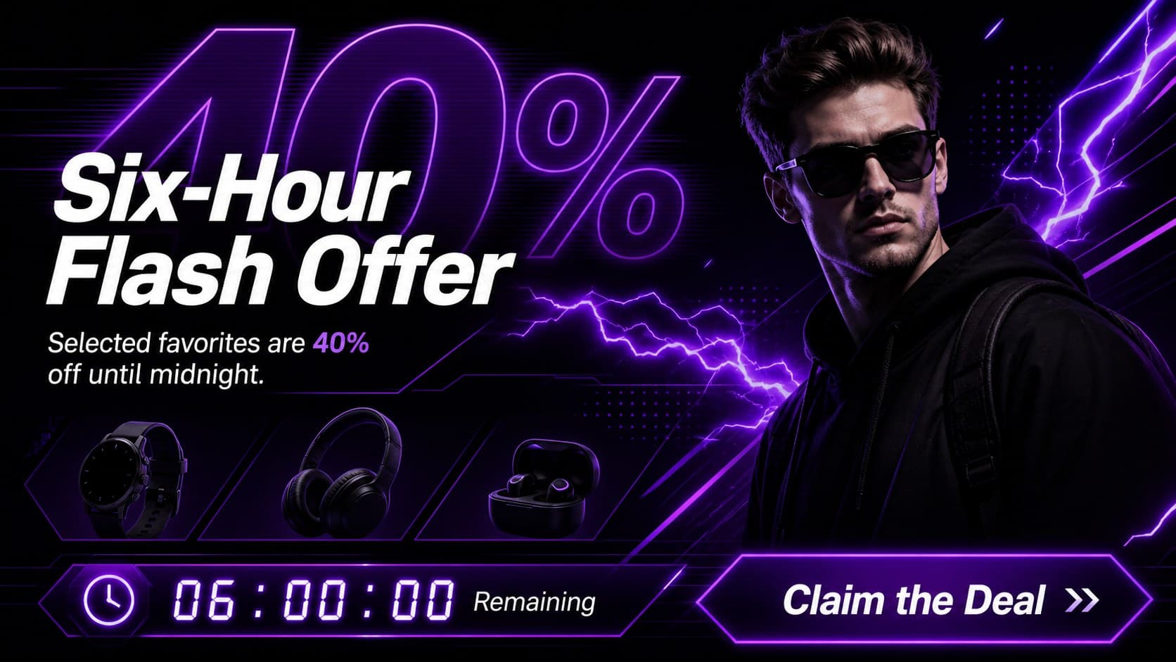 Neon retail campaign presentation slide advertising a six-hour flash offer with bold purple sale graphics.