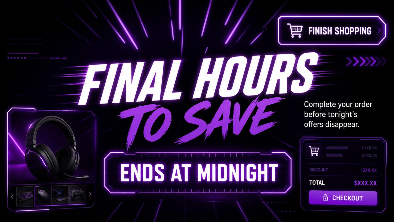 Final-call cyber sale poster with a bold deadline, product image area, and luminous purple shopping accents.