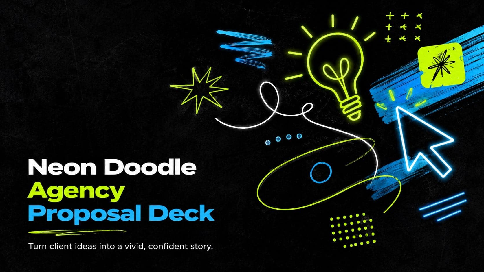 Cover of a neon doodle agency proposal deck with electric blue and lime graphics on a black background.