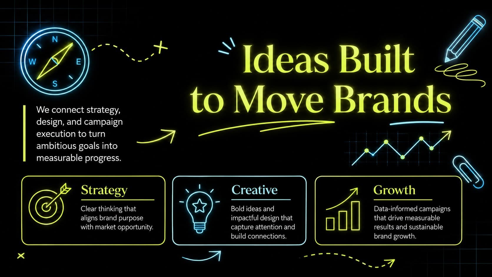 Neon creative agency credentials slide presenting strategy, design, and campaign services.