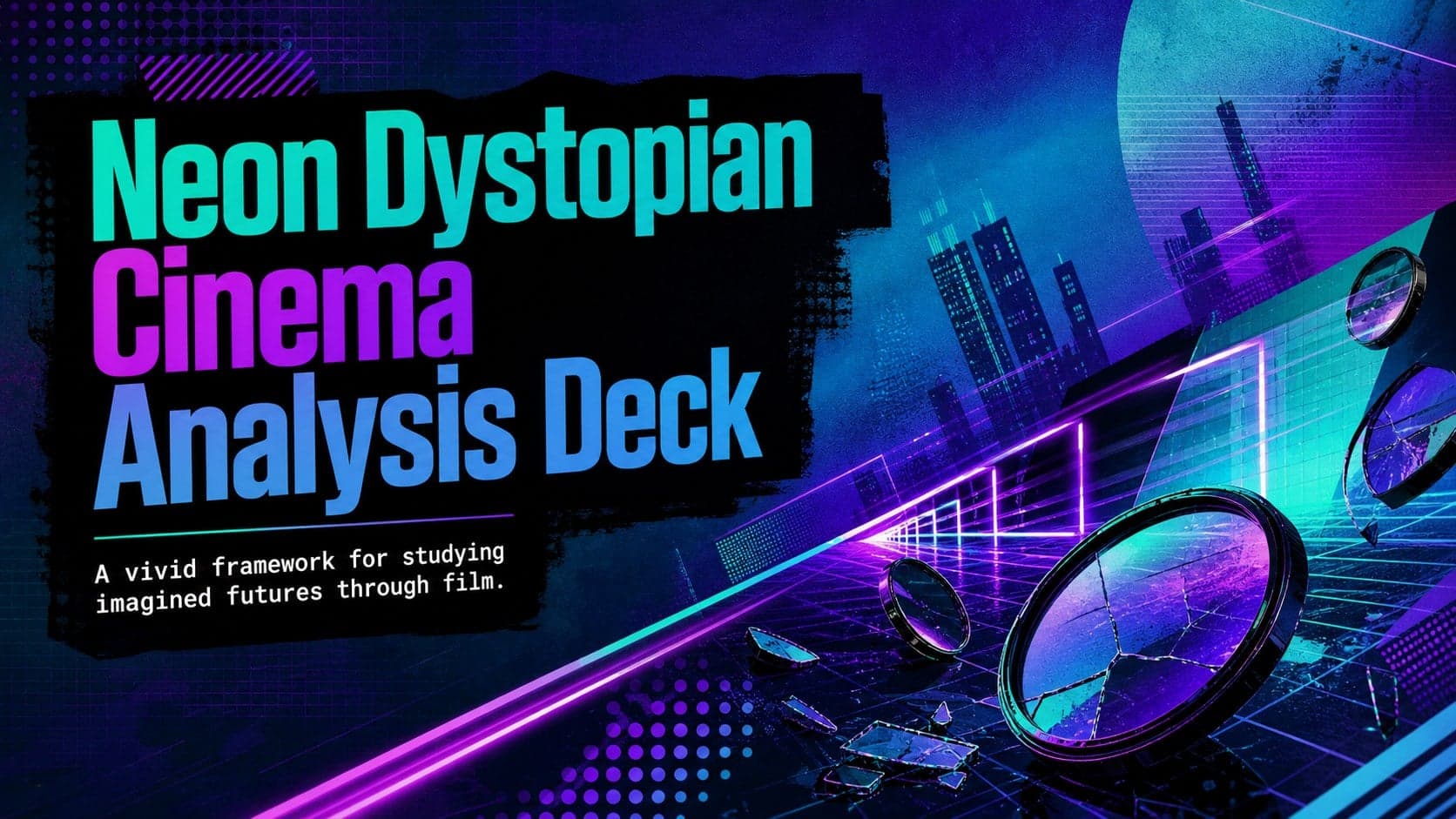 Neon dystopian cinema analysis deck cover with teal and purple 3D film-inspired graphics on a dark background.