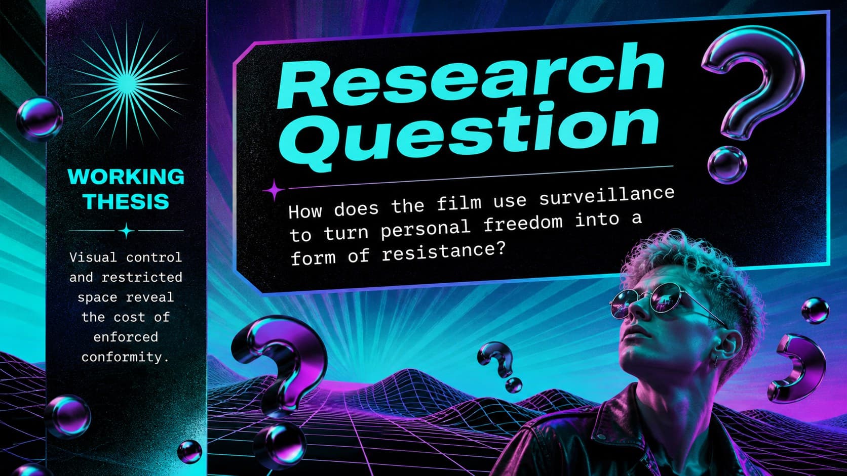 Dystopian cinema presentation template slide presenting a research question and central thesis.