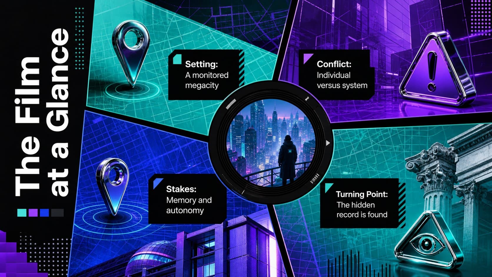 Dystopian movie analysis presentation slide summarizing setting, conflict, stakes, and turning point.