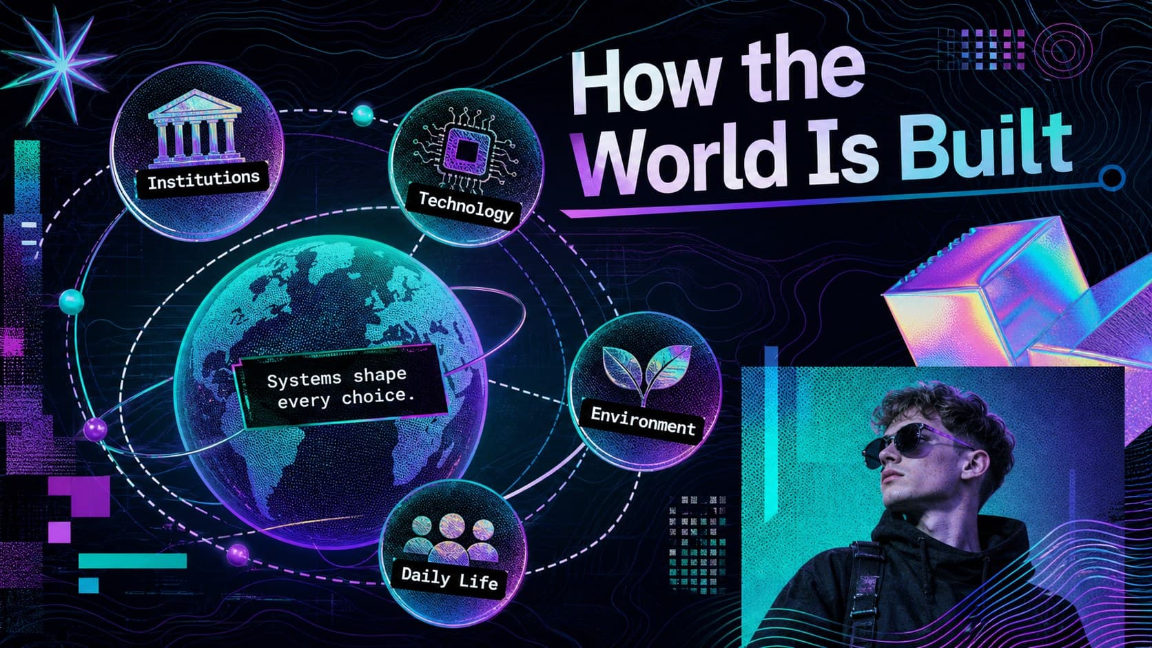 Dystopian world building analysis slide mapping institutions, technology, environment, and daily life.