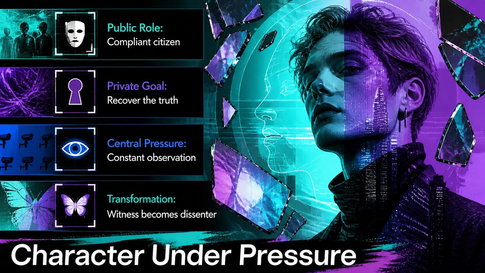 Movie character analysis slide contrasting a protagonist's public role, private goal, pressure, and transformation.