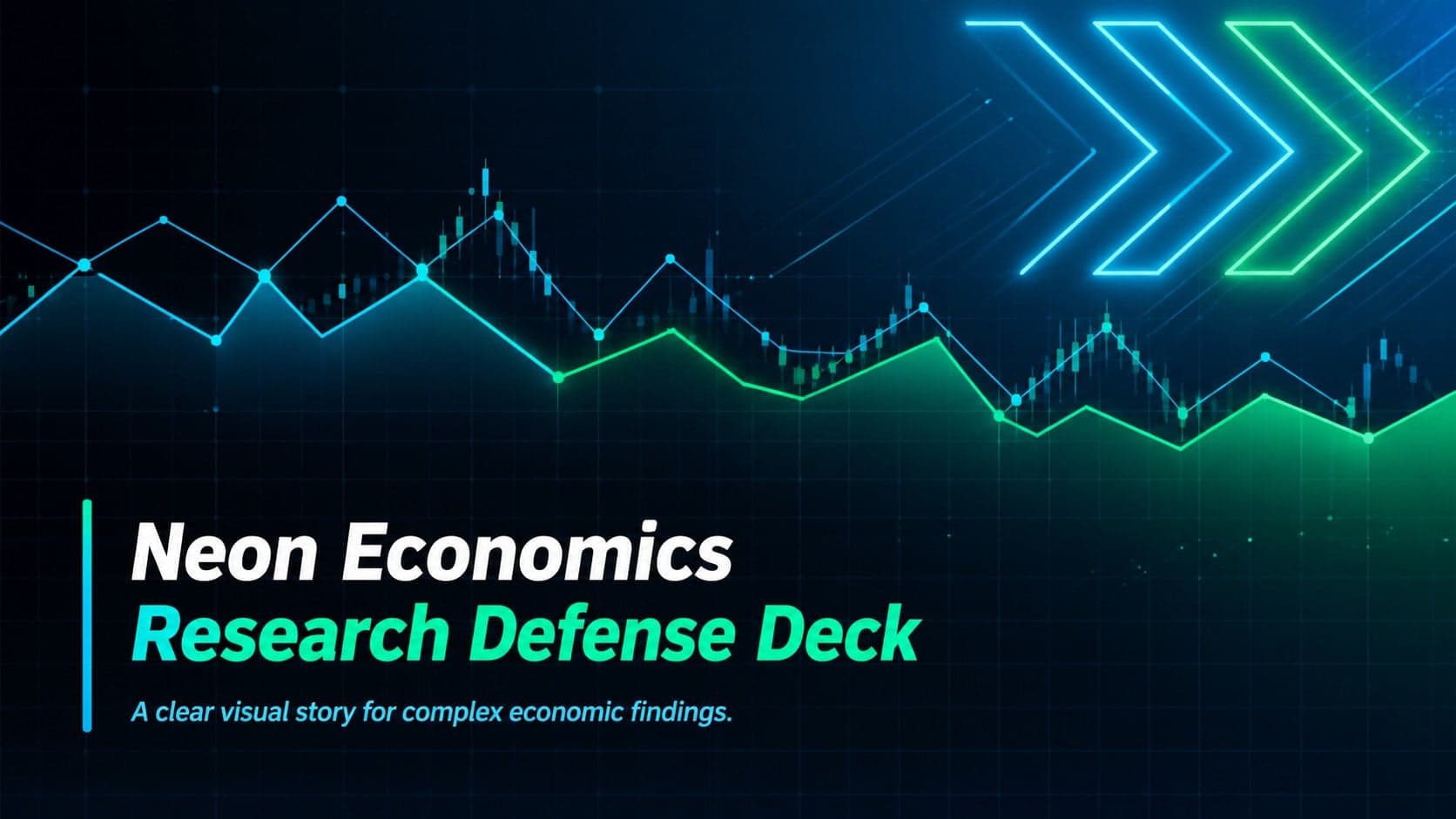 Neon cover slide for an economics research defense deck with a bold title and glowing data-inspired graphics.