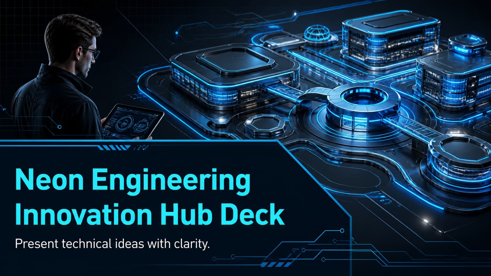 Cover for a neon engineering innovation hub deck with electric blue structures and metallic technology graphics.