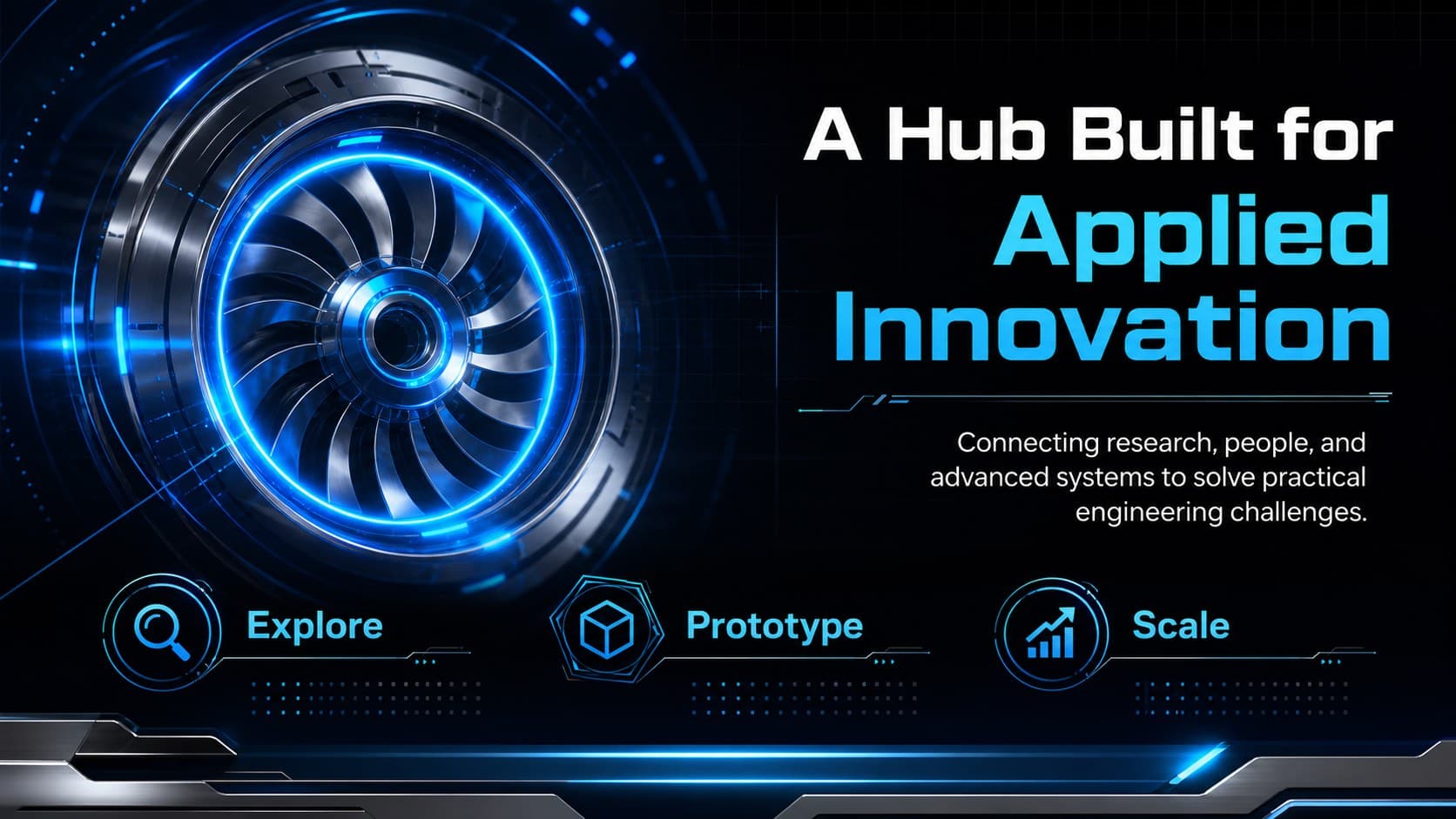 Engineering innovation hub overview slide presenting a mission and three research priorities in a neon blue layout.