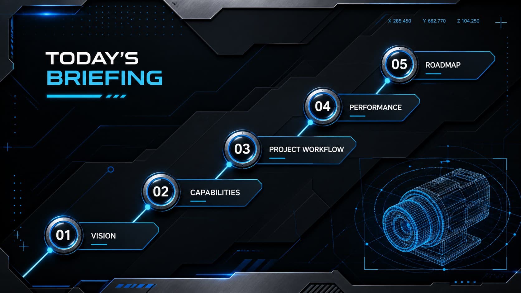 Technology research center slides agenda with five technical briefing sections and blue neon navigation markers.