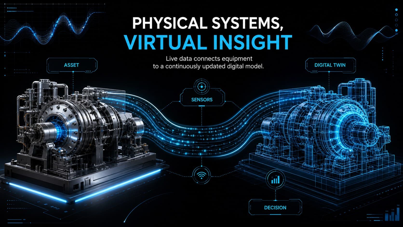 Digital twin project slide connecting a physical machine, sensor stream, virtual model, and engineering decisions.