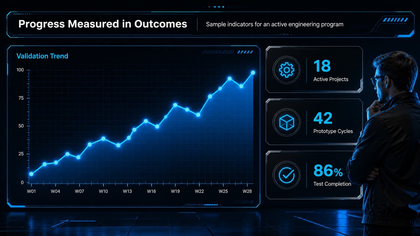 Blue black technical pitch deck slide with engineering performance metrics and a luminous line chart.