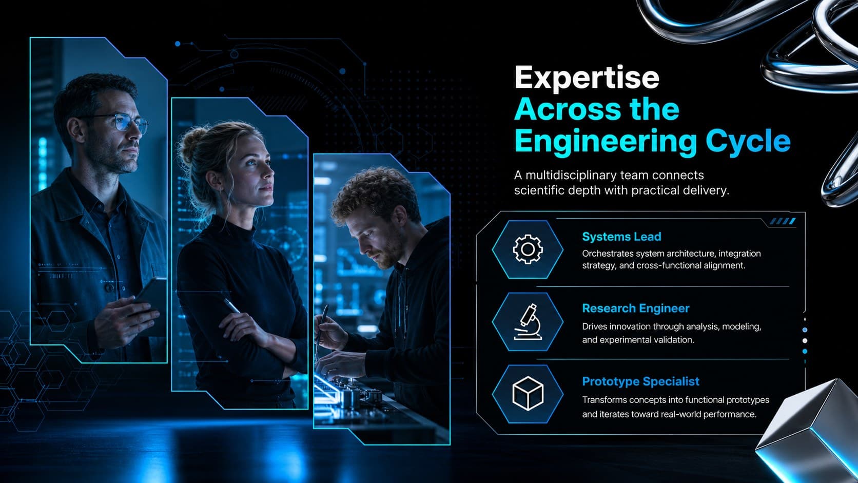Engineering team introduction slide with original Western professionals and neon blue role labels.