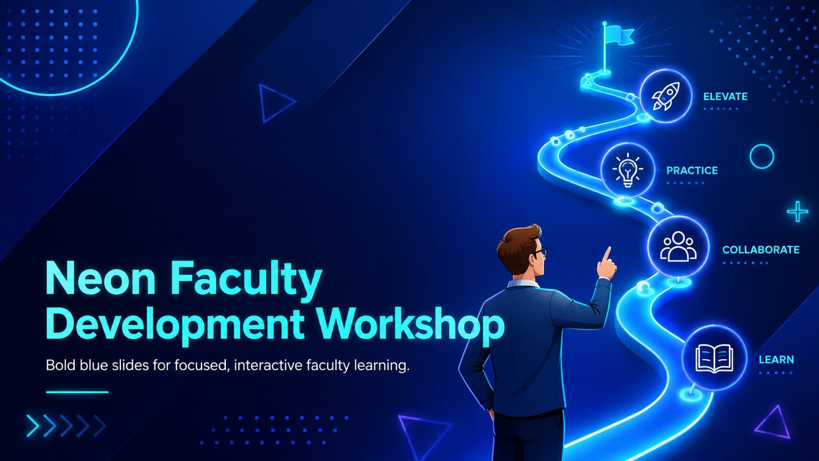 Cover for a Neon Faculty Development Workshop with luminous blue gradients and modern education graphics.