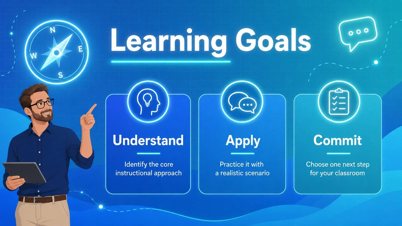 Neon faculty development learning goals displayed in a three-part blue layout.