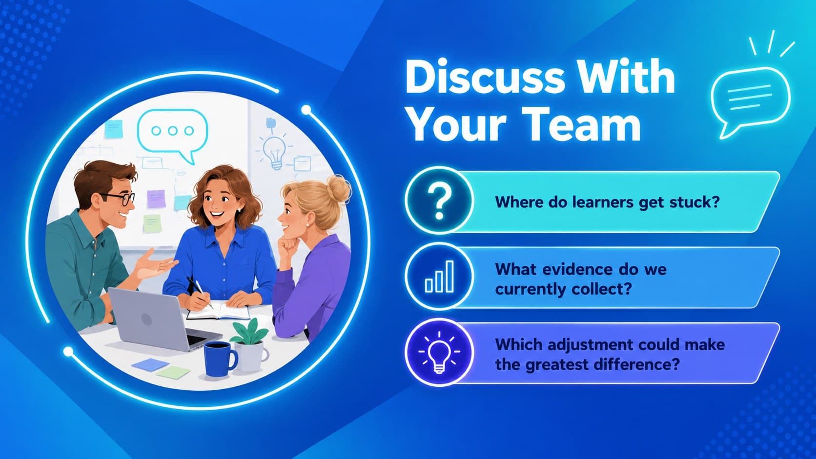 Interactive educator workshop slide with group discussion prompts in a blue gradient design.