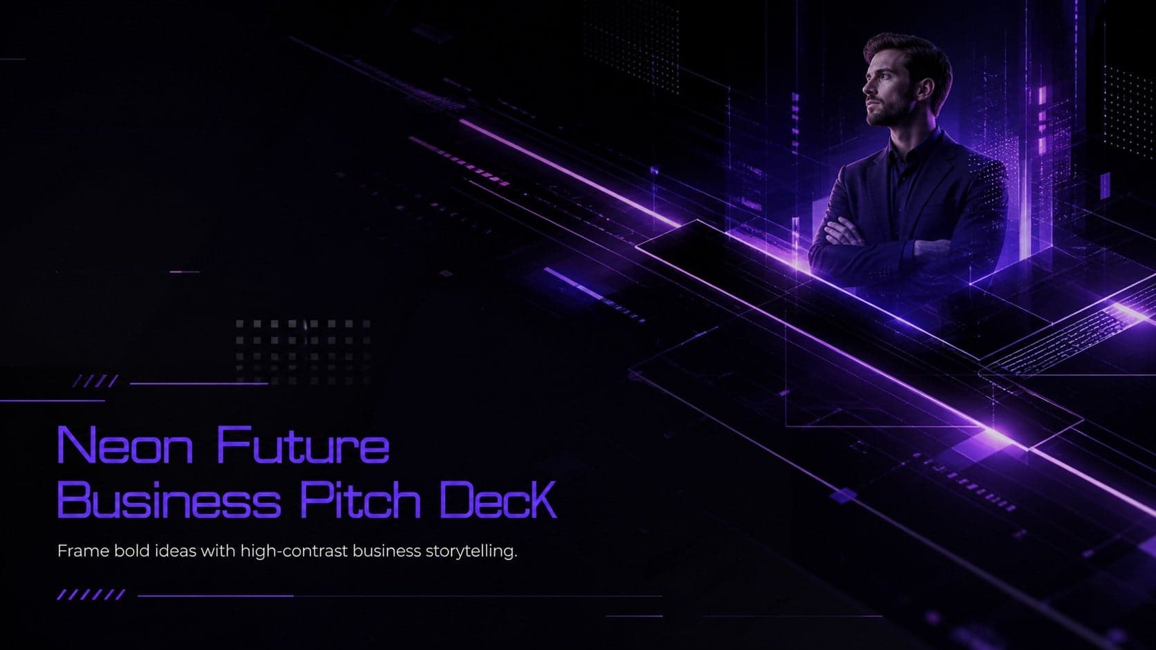 Neon Future Business Pitch Deck cover with purple geometric accents on a sophisticated black background.