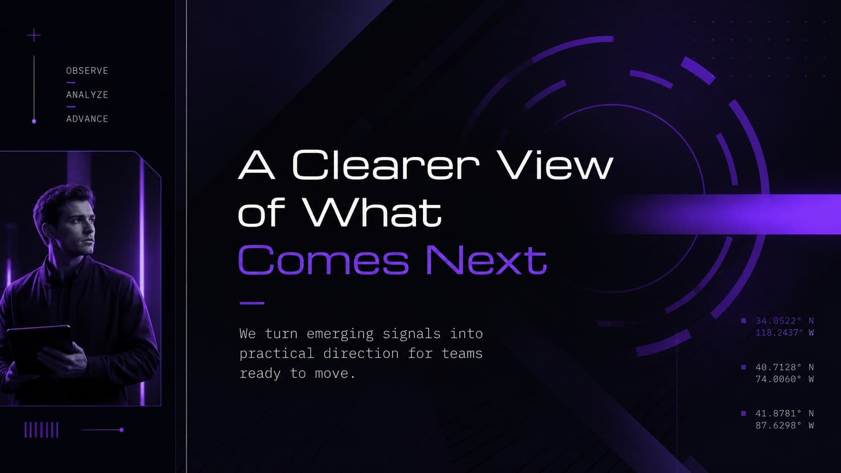 Purple and black technology presentation slide introducing a future-focused business vision.
