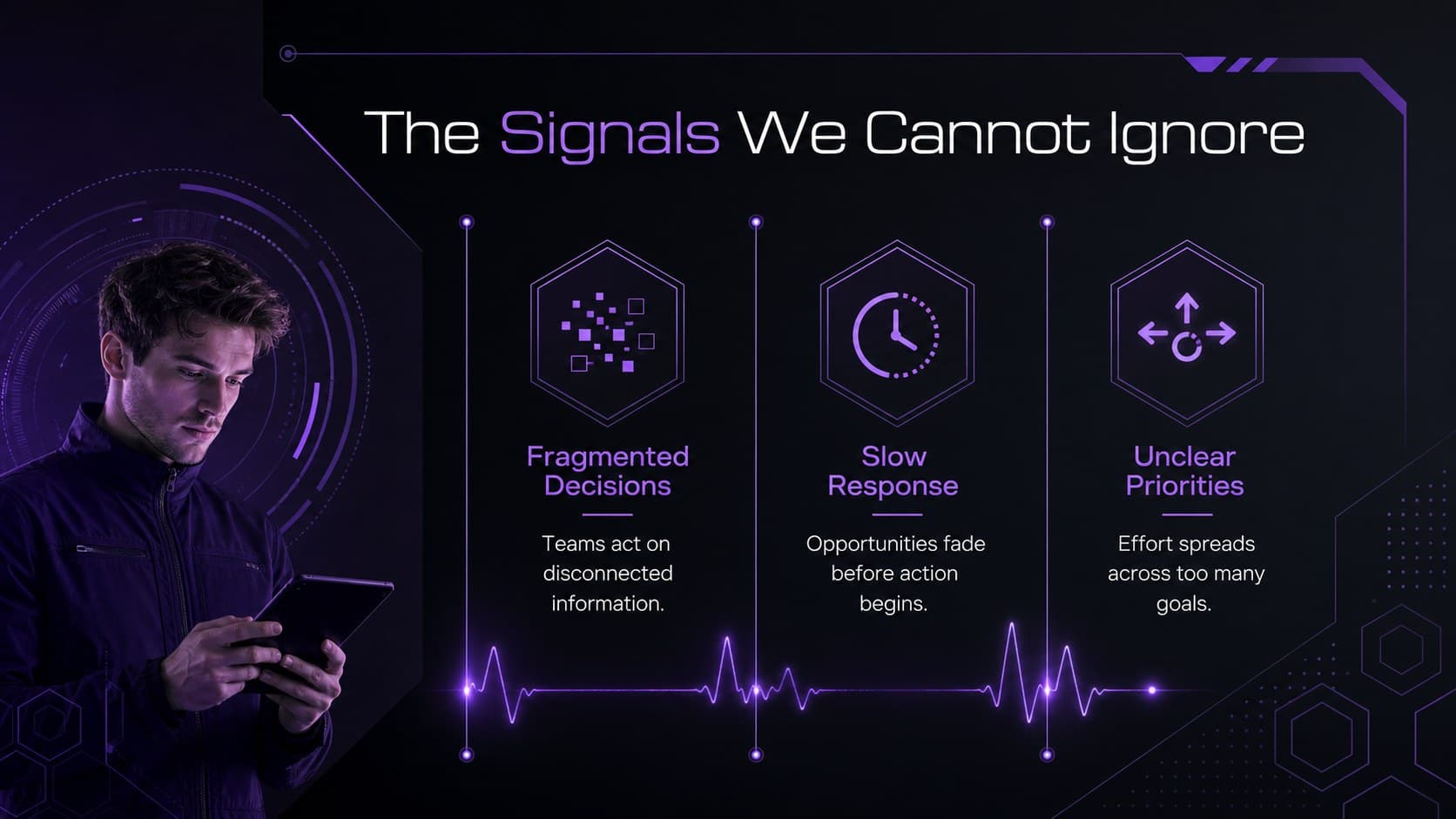 Futuristic startup pitch slide presenting three market challenges with luminous purple data panels.