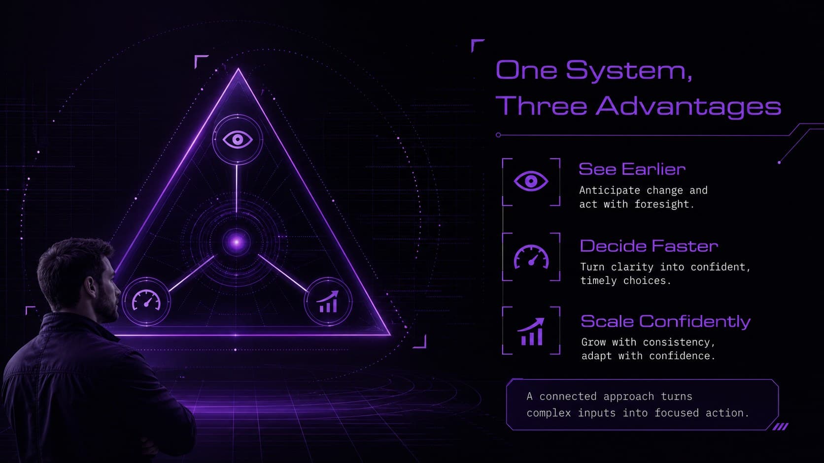 Animated business presentation template slide explaining a three-part strategic solution.