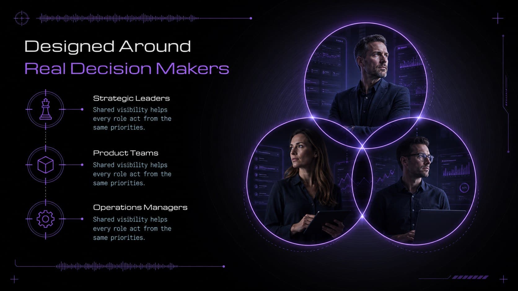 Modern cyber business slide mapping three professional audience segments in purple and black.