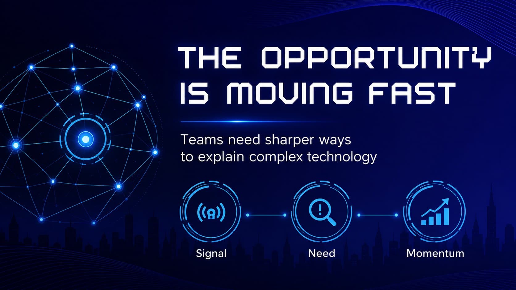 Technology opportunity slide showing a large innovation statement beside abstract blue network graphics.