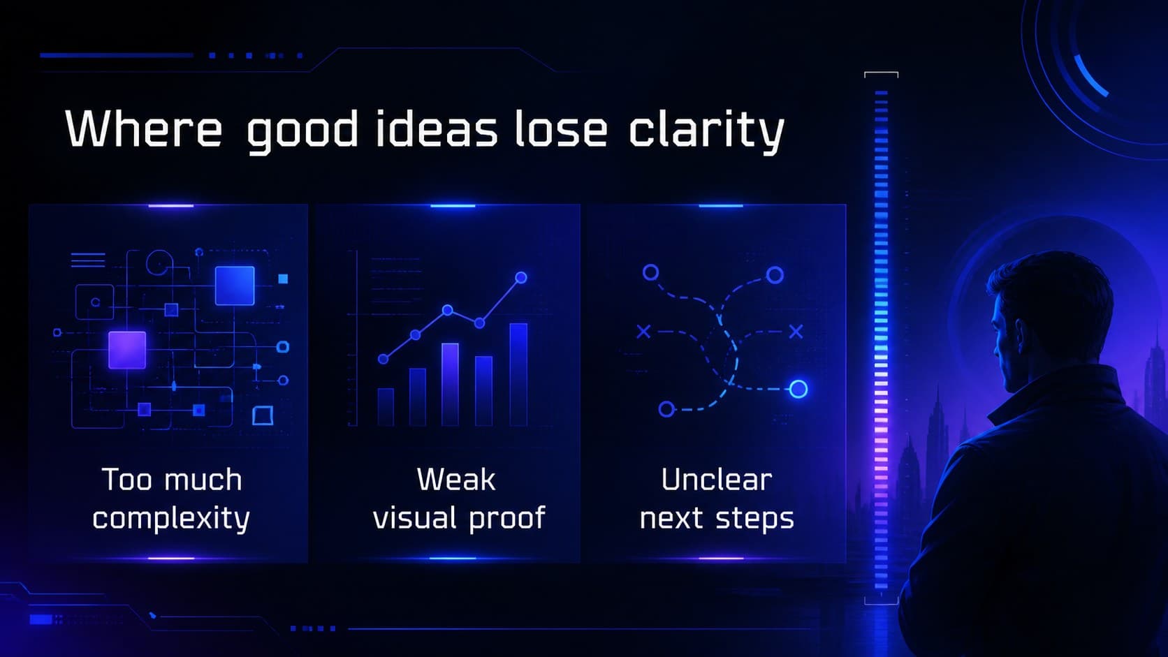 Problem framing slide for a technology strategy deck with three blue-accented barriers on a dark background.