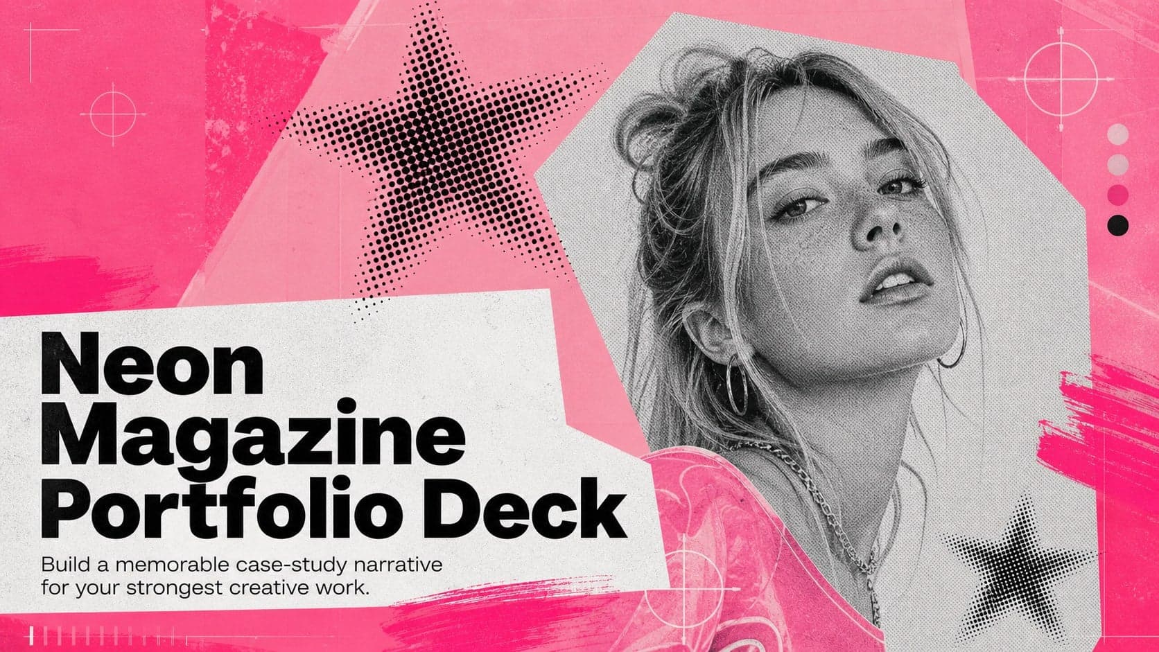 Cover of a neon magazine portfolio deck with bold pink typography, gray editorial textures, and abstract print-inspired graphics.