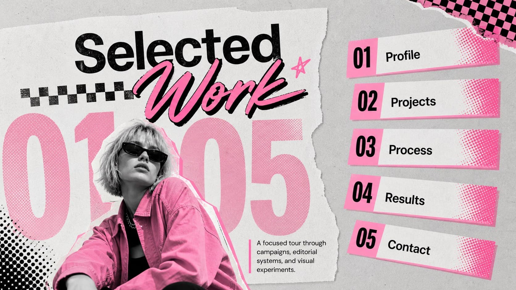 Editorial contents slide presenting the sections of a neon graphic design portfolio in a structured pink and gray layout.