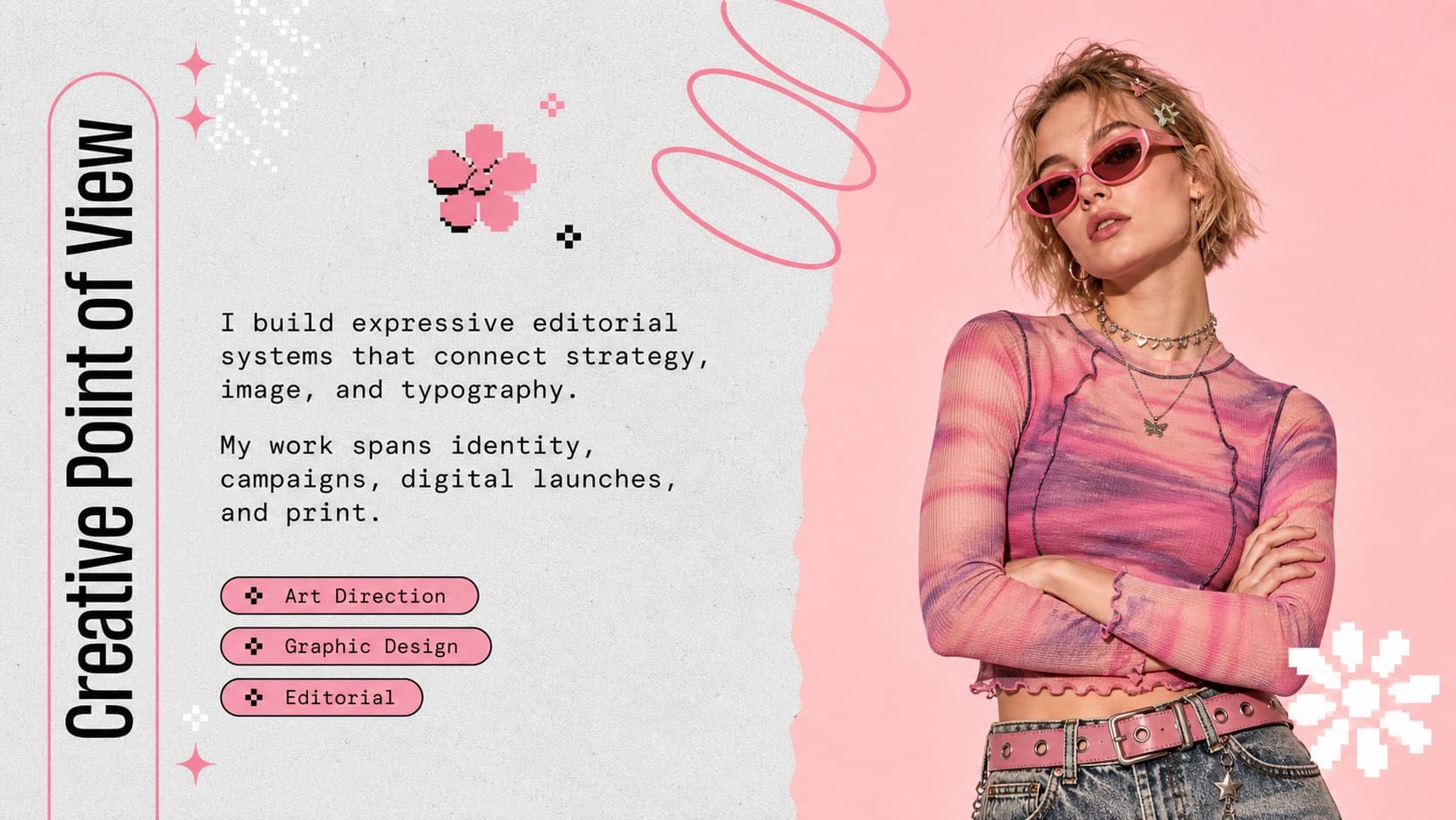Designer profile page in a Gen Z editorial presentation layout with biography text, portrait space, and neon accents.