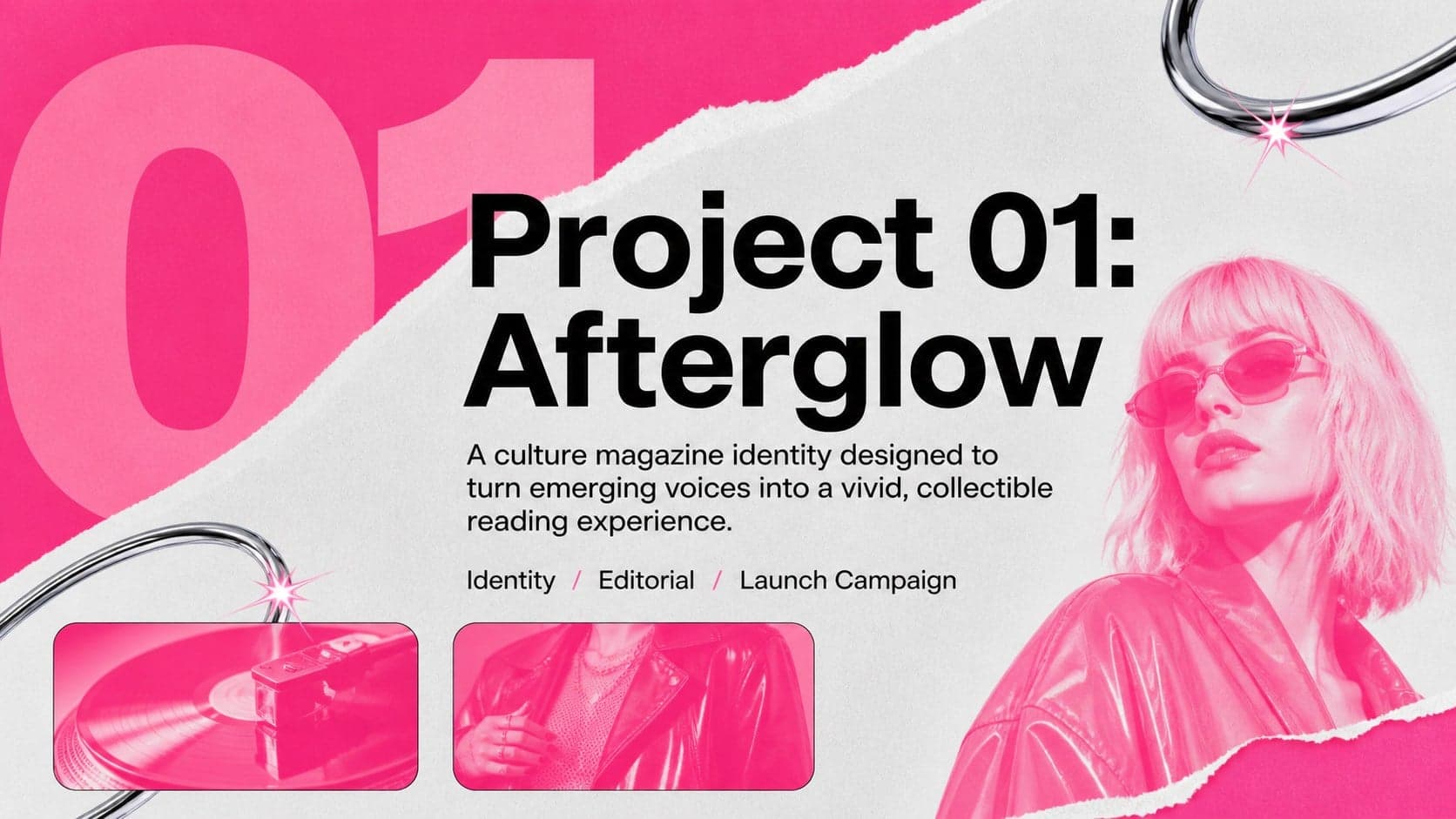 Project introduction slide for an editorial campaign portfolio template featuring a bold brief and abstract magazine imagery.