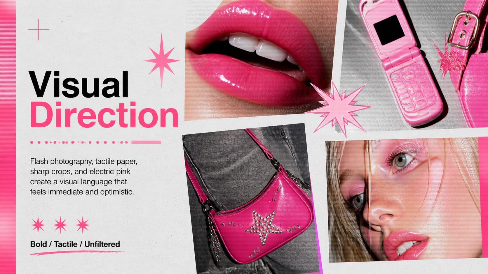 Visual direction moodboard for a fashion magazine project presentation using original photography, neon pink, and gray textures.
