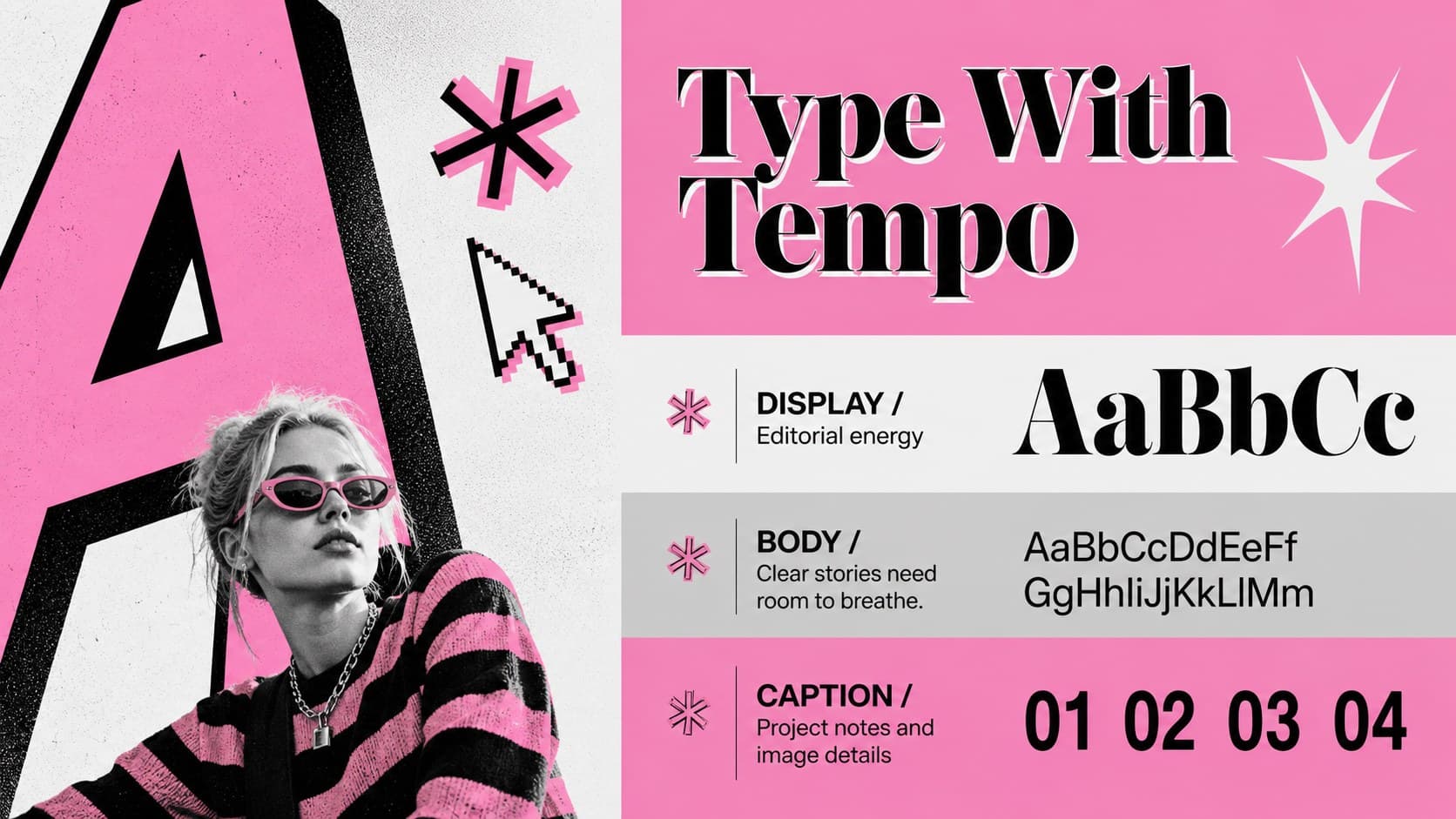 Typography system slide for a retro magazine portfolio showing headline, body, caption, and numeral styles.