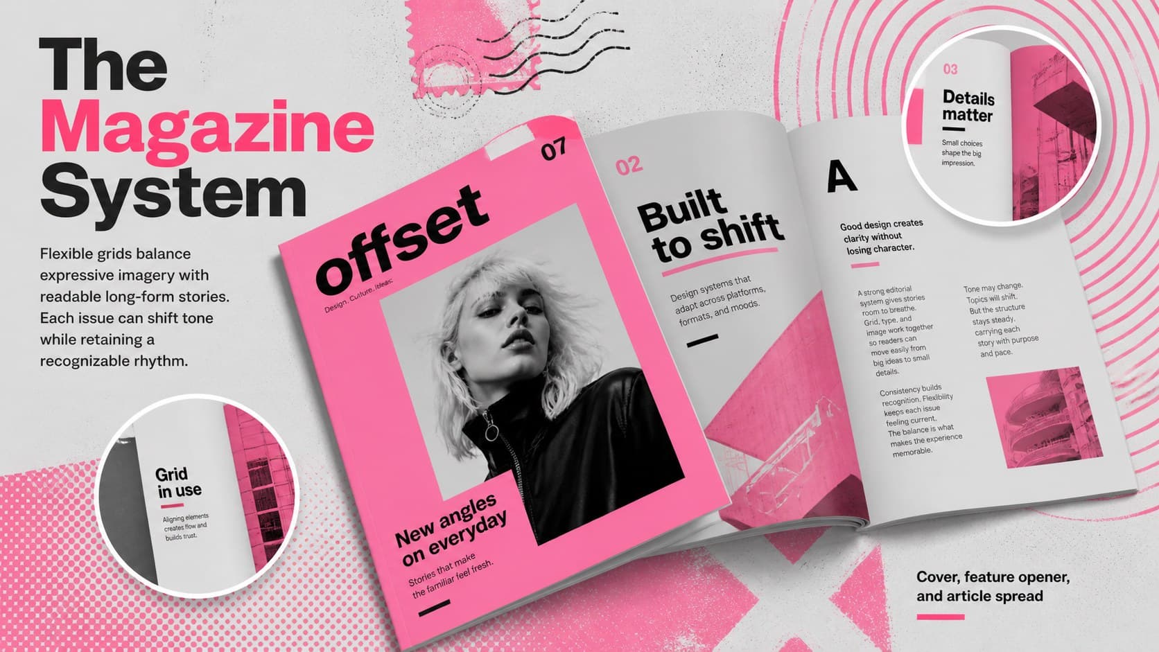 Magazine spread showcase within a neon graphic design case study slide using pink frames and gray editorial details.