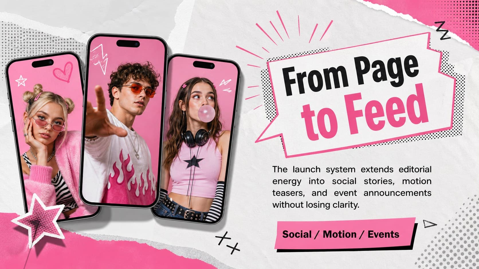 Digital campaign application slide from a neon magazine portfolio deck featuring mobile posts and launch assets.
