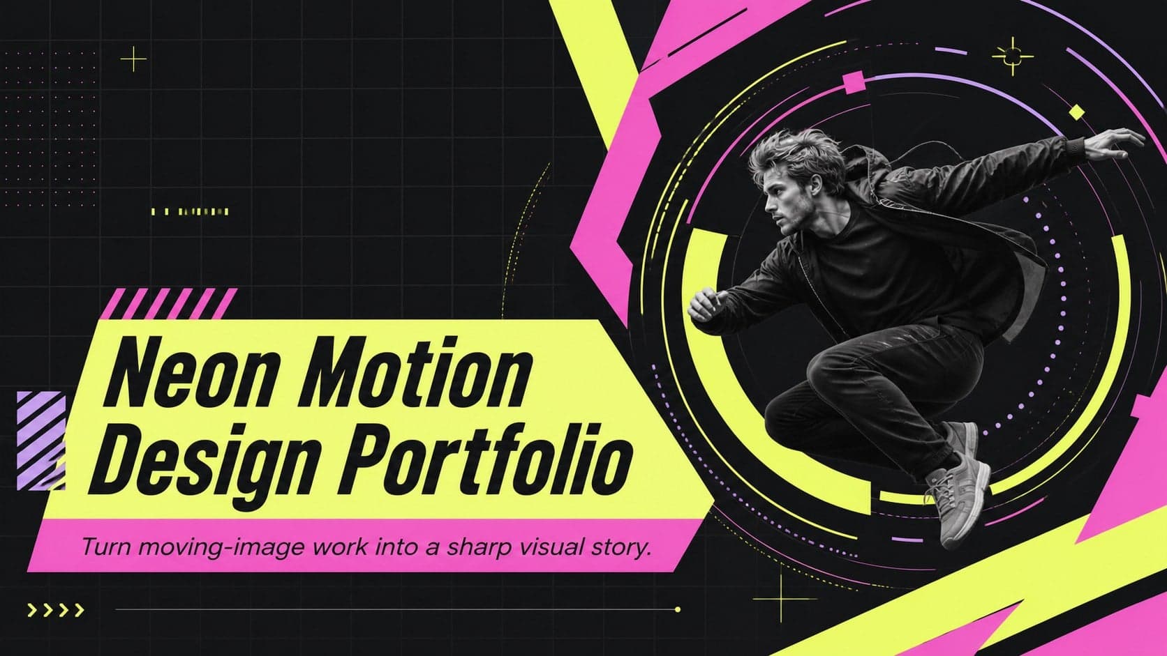 Cover of a Neon Motion Design Portfolio with bold pink and yellow geometry on a dark background.