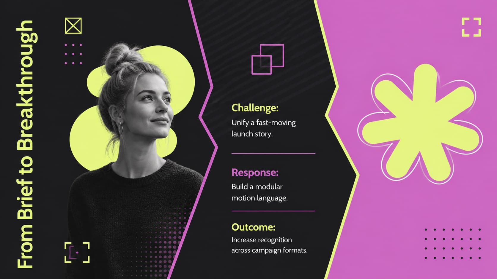 Motion graphics case study slide outlining the brief, creative response, and final outcome.