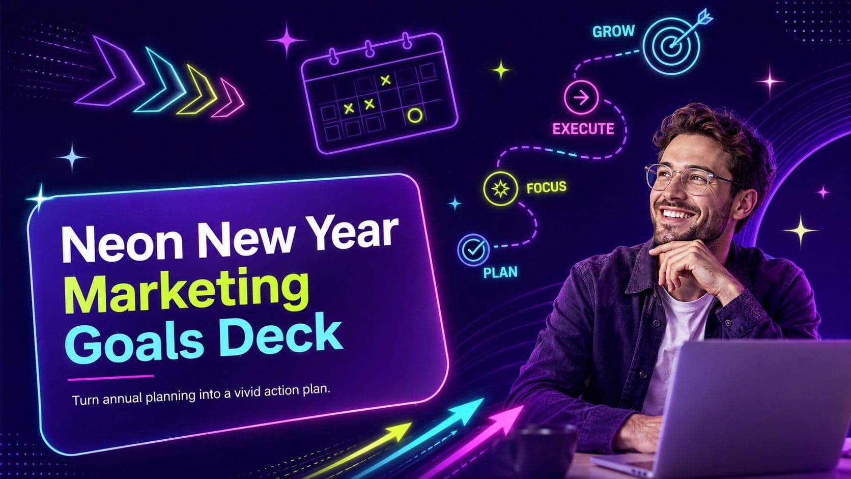 Cover of a neon new year marketing goals deck with violet tones, colorful doodles, and bold modern typography.