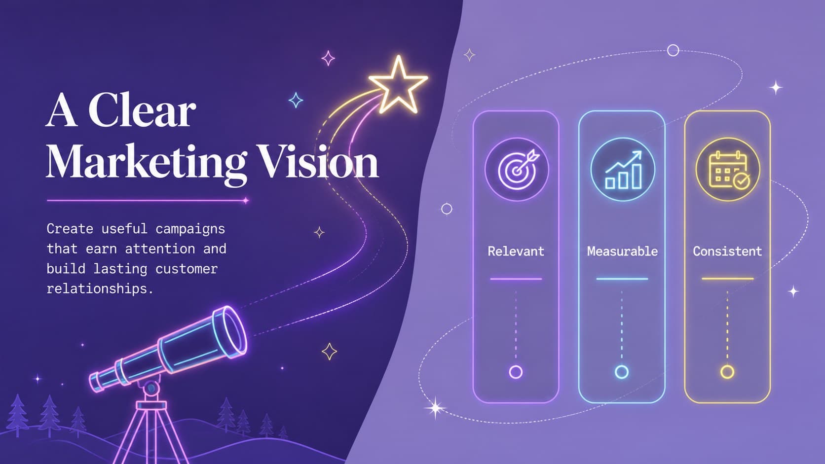 Neon goal setting presentation slide featuring a concise marketing vision and three supporting principles.
