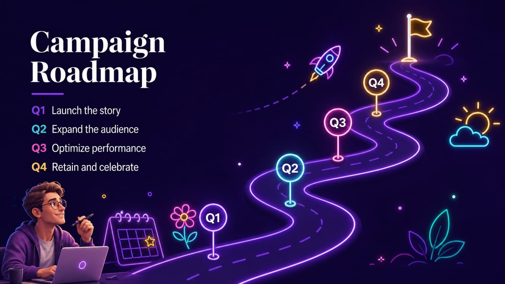 Violet neon business presentation slide displaying a four-quarter campaign roadmap.