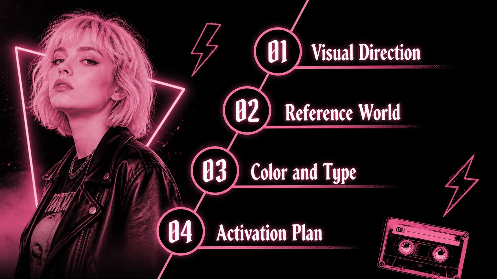Agenda slide outlining the visual direction, references, palette, and next steps in a black and pink creative deck.