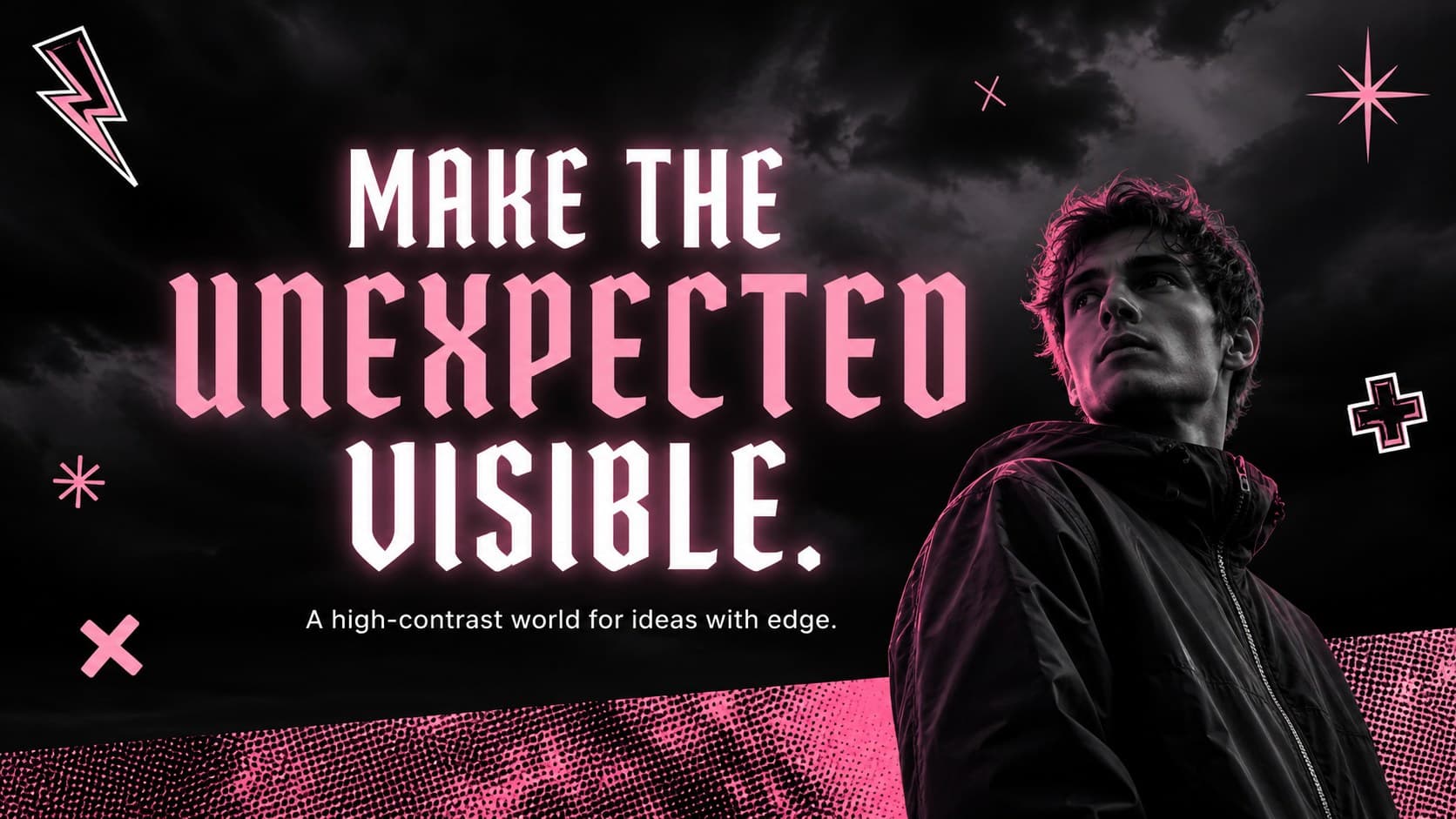 Creative direction slide presenting the rebellious visual idea through neon pink type and dark graphic composition.