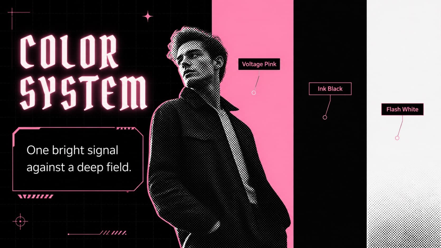 Color system slide showing neon pink, black, and supporting accent swatches for a high-contrast presentation.