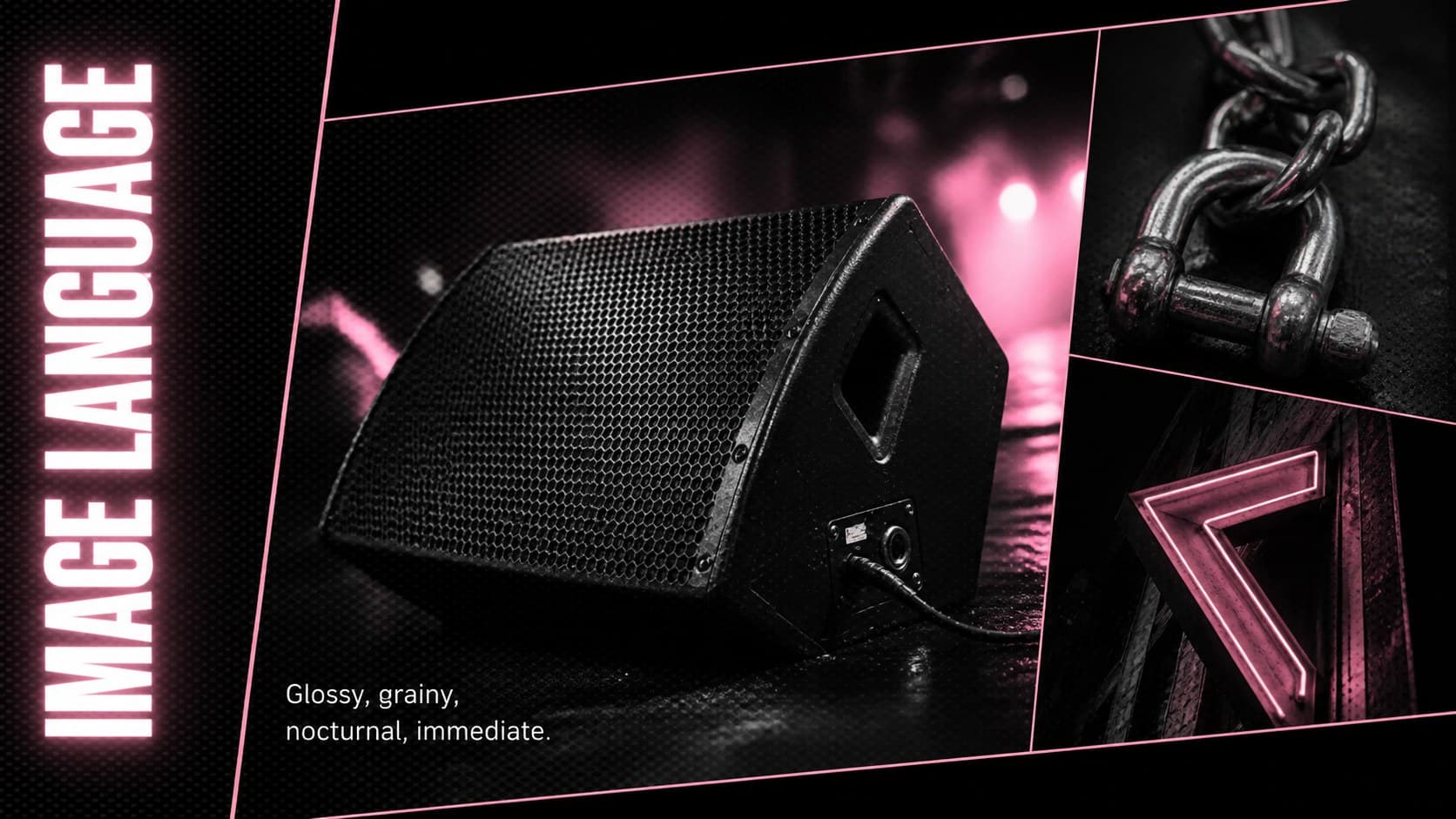 Image collage slide displaying dark editorial references with neon pink framing and energetic graphic details.