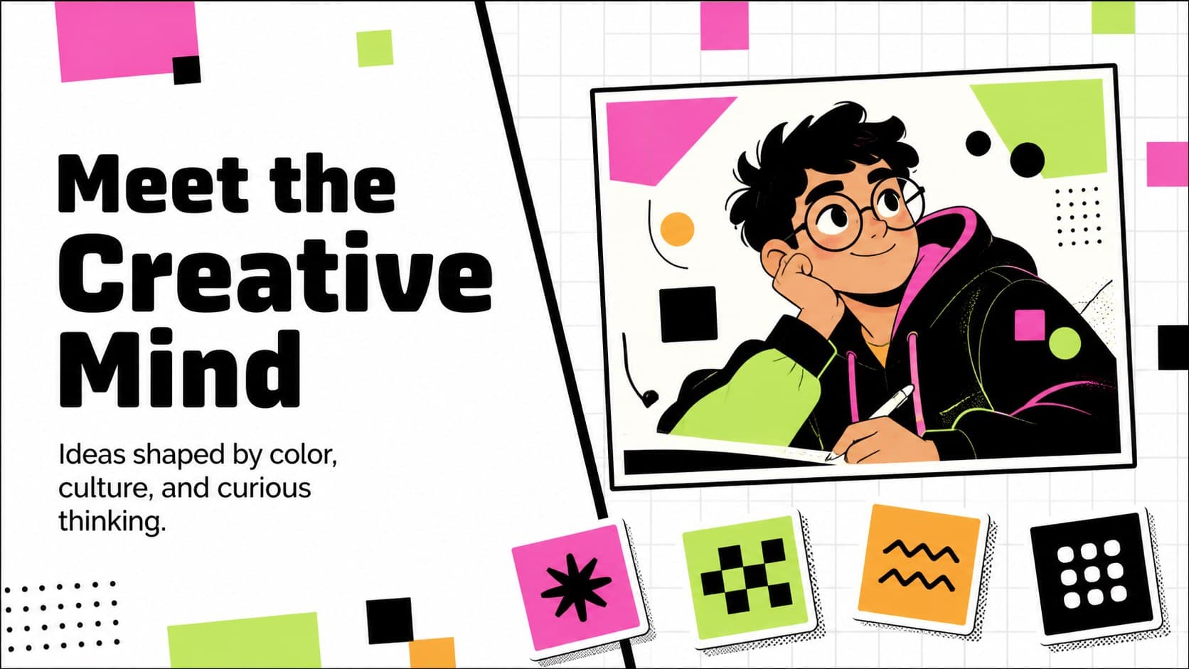 Introduction slide presenting a creative profile with neon shapes, white space, and retro portfolio styling.