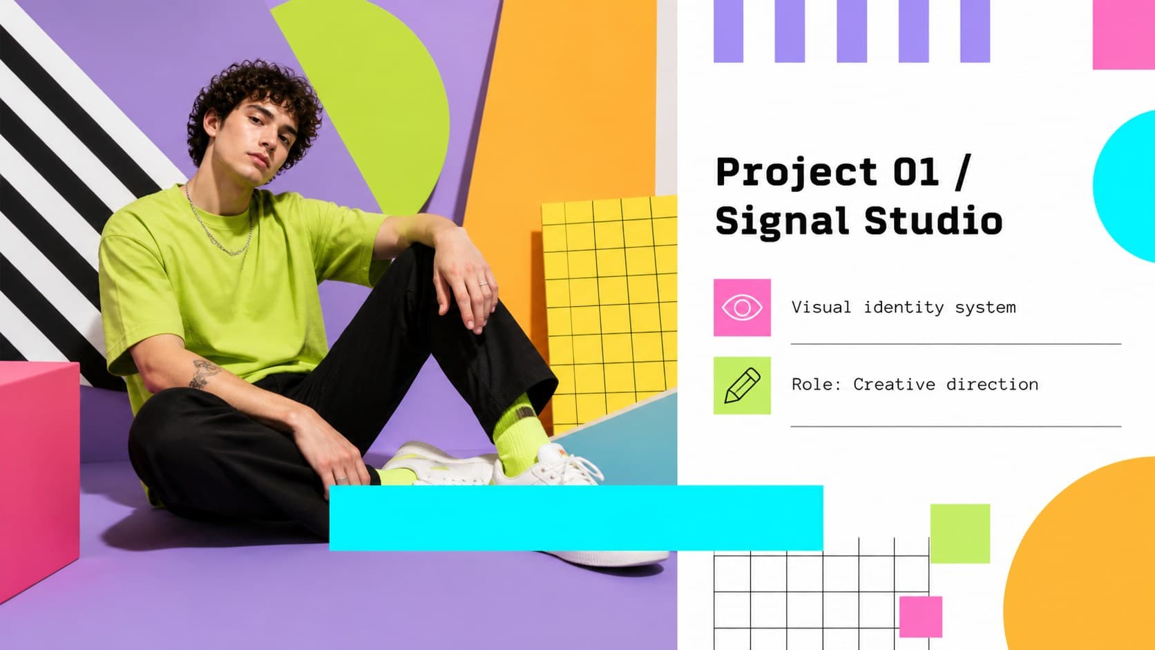Portfolio case study slide showing a featured project image beside concise retro-styled project details.