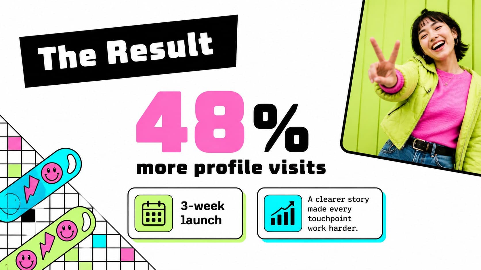 Project results slide with bold performance figures, neon labels, and colorful geometric portfolio graphics.