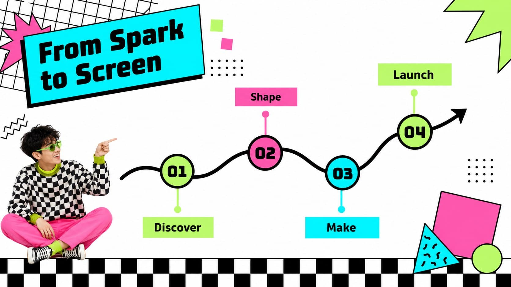 Creative process timeline slide outlining four portfolio project stages with bright retro visual accents.
