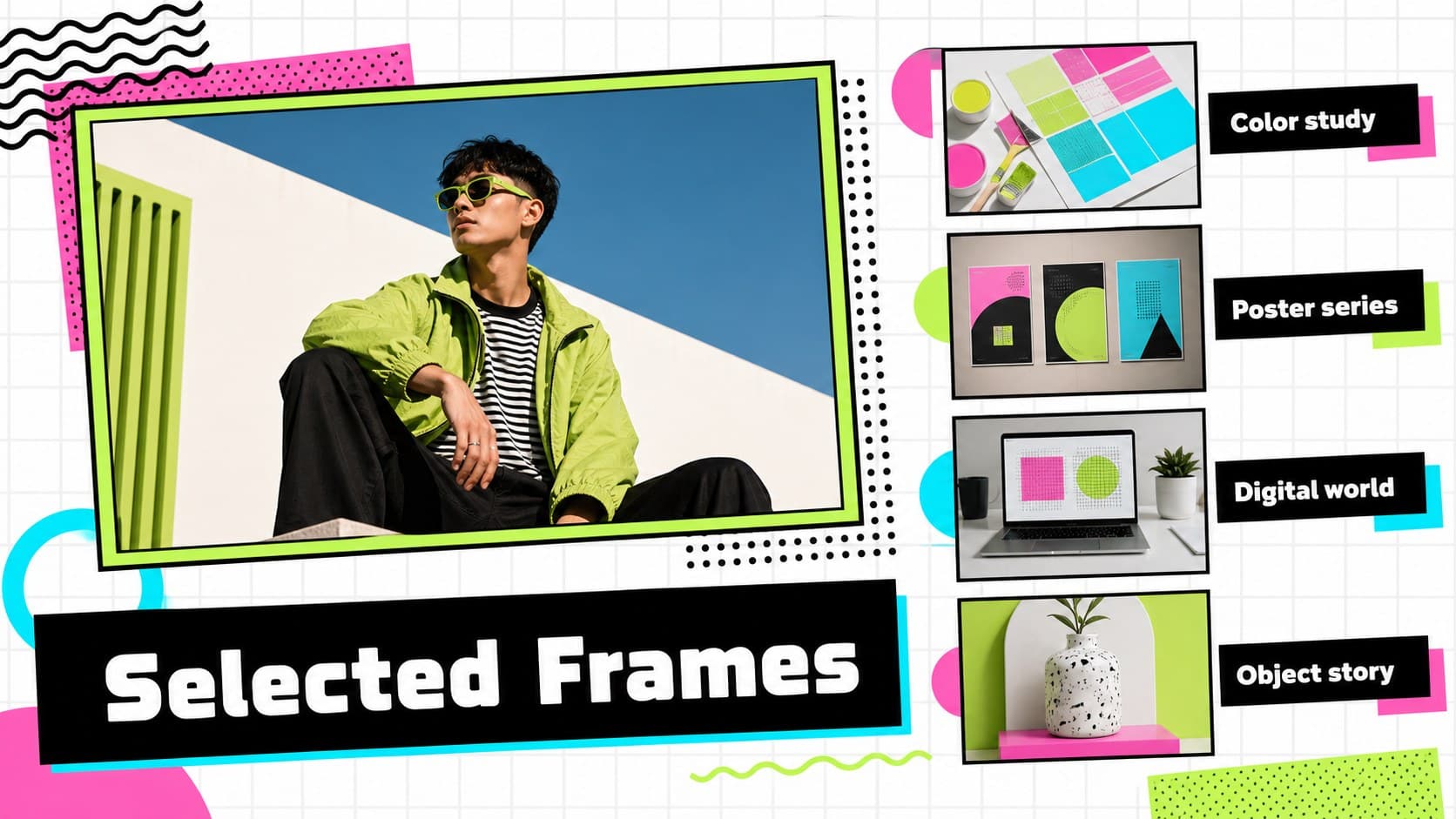 Portfolio image gallery slide displaying a curated grid of colorful creative work and editorial captions.
