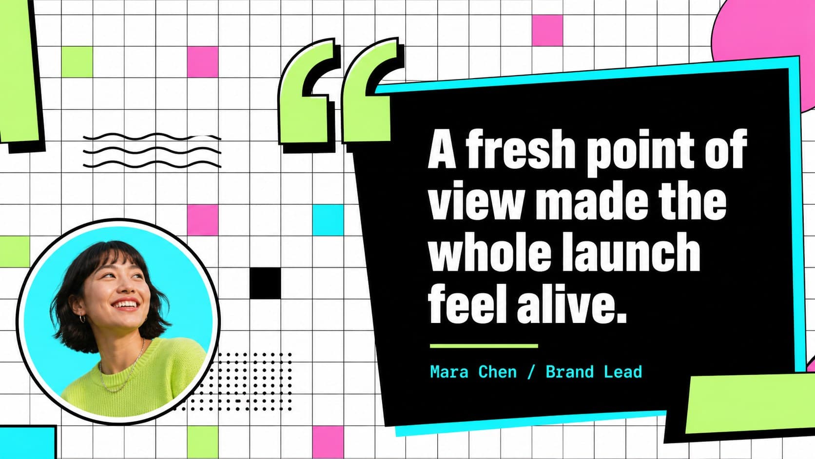 Client quote slide featuring a large testimonial, colorful portrait area, and expressive geometric portfolio details.